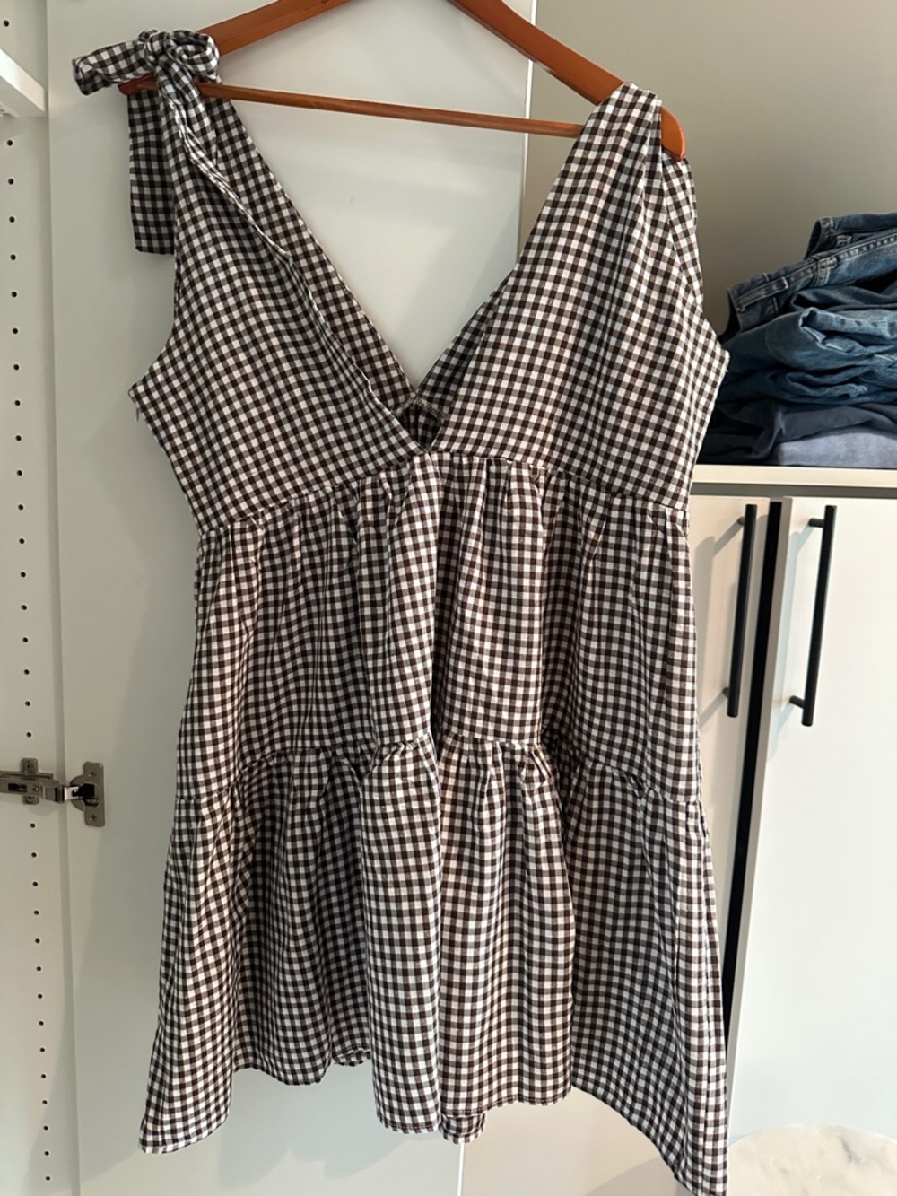 Women’s Brown Gingham Tie-Shoulder V-Neck Dress